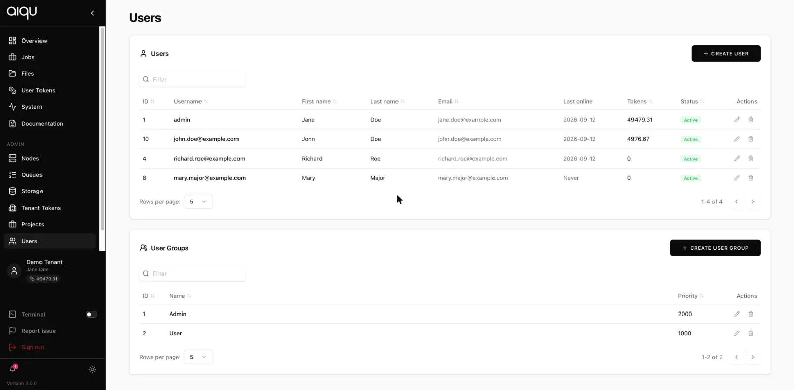 The Users page: a table of users with tokens and status, and below it the user groups with their priority.