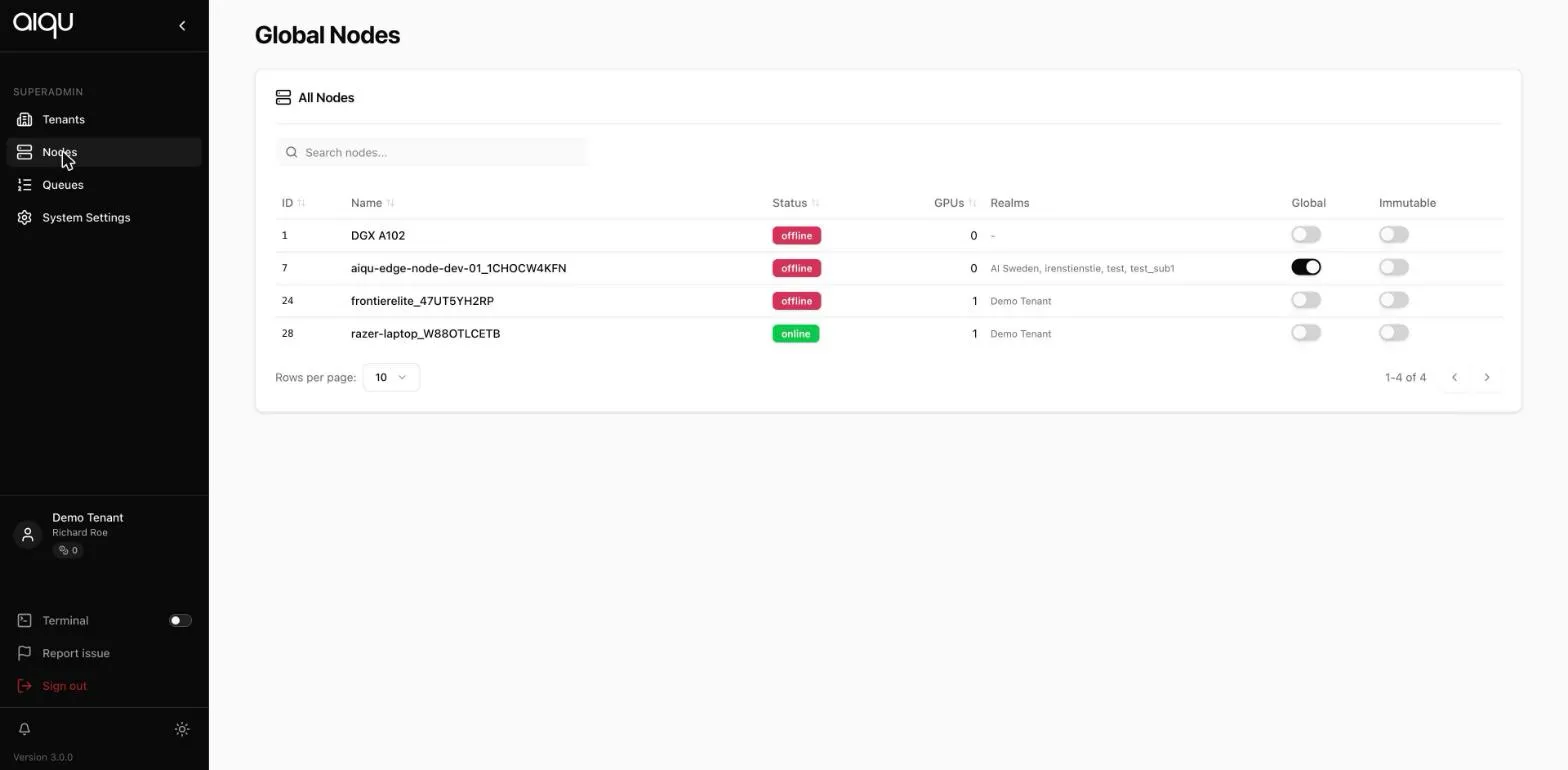 The Global Nodes page listing all nodes with status, GPU count, owning tenants, and global and immutable toggles.