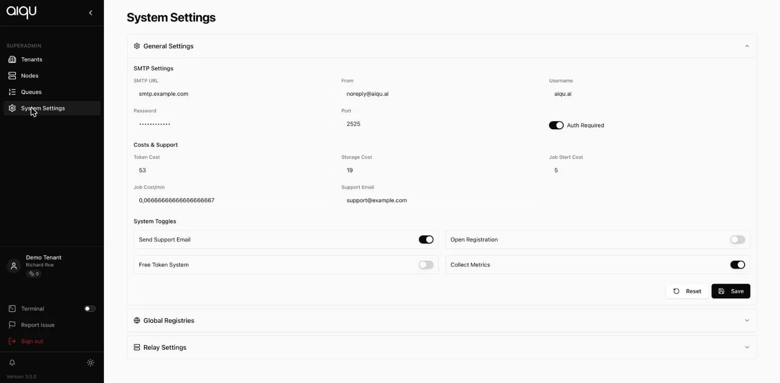 System Settings showing SMTP settings, cost and support fields, and system toggles, with Global Registries and Relay Settings below.