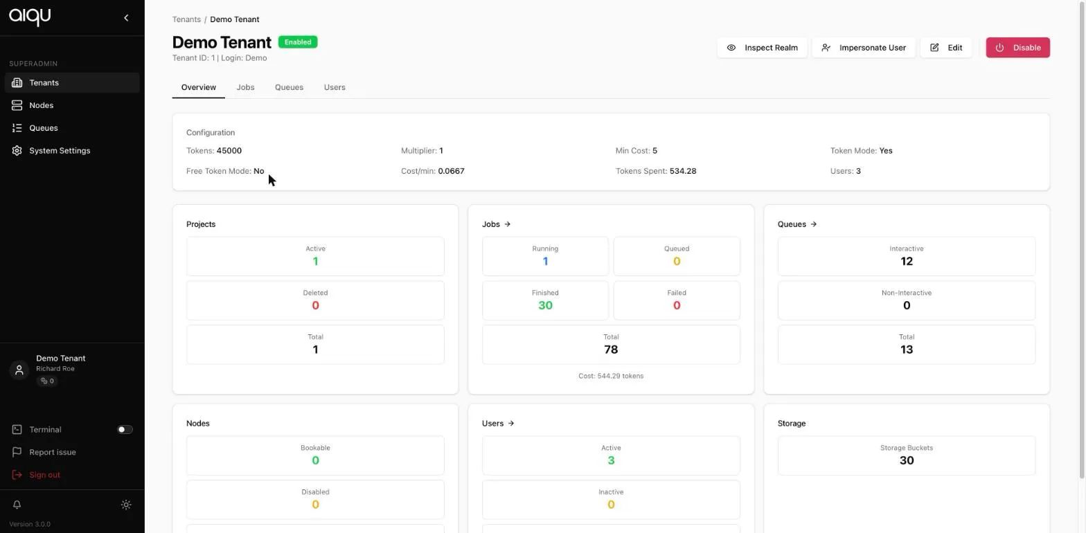 A tenant's detail page showing configuration, projects, jobs, queues, nodes, users and storage counts.