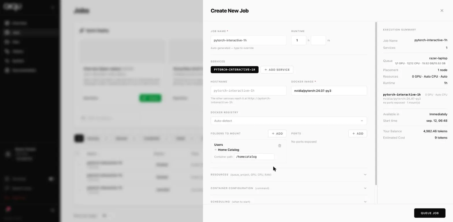 The Create New Job panel with an image set and one folder mounted, showing the execution summary on the right.