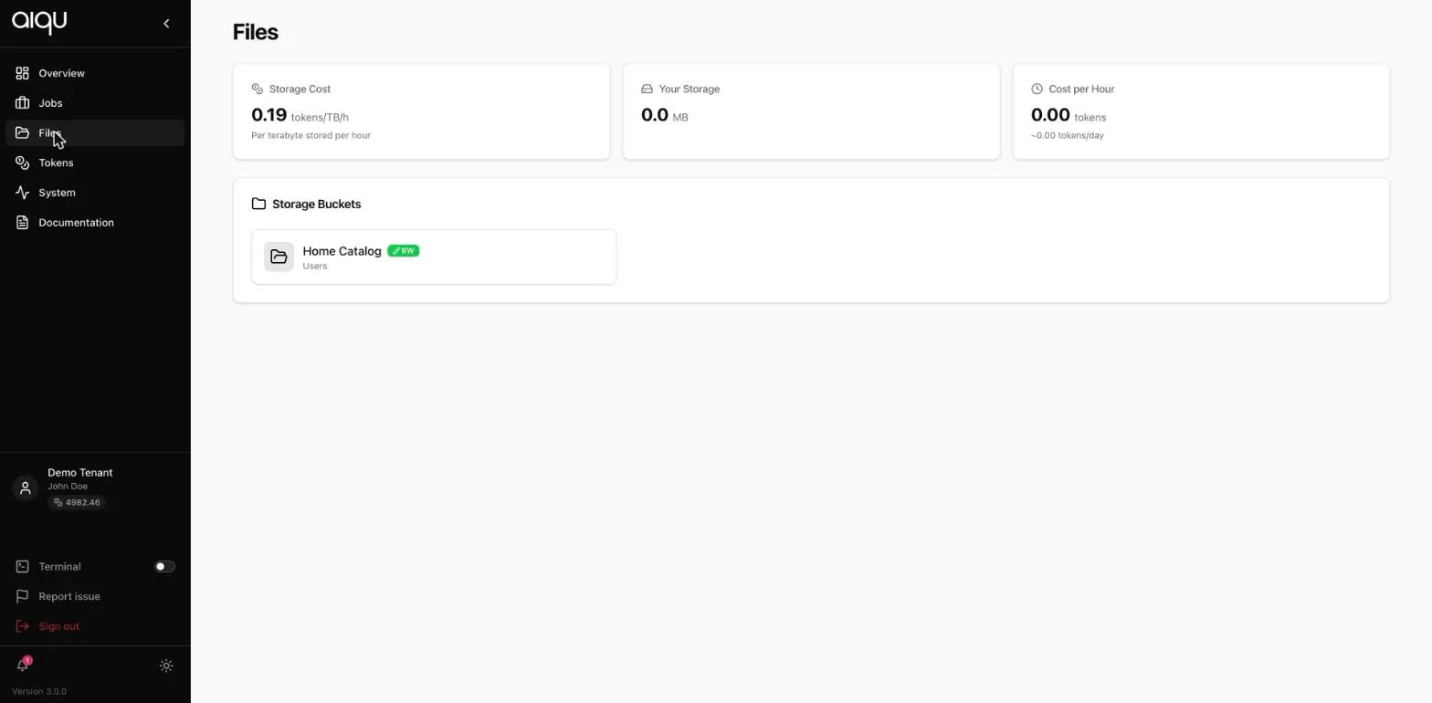 The Files page showing storage cost, usage, and the list of storage buckets with their access level.