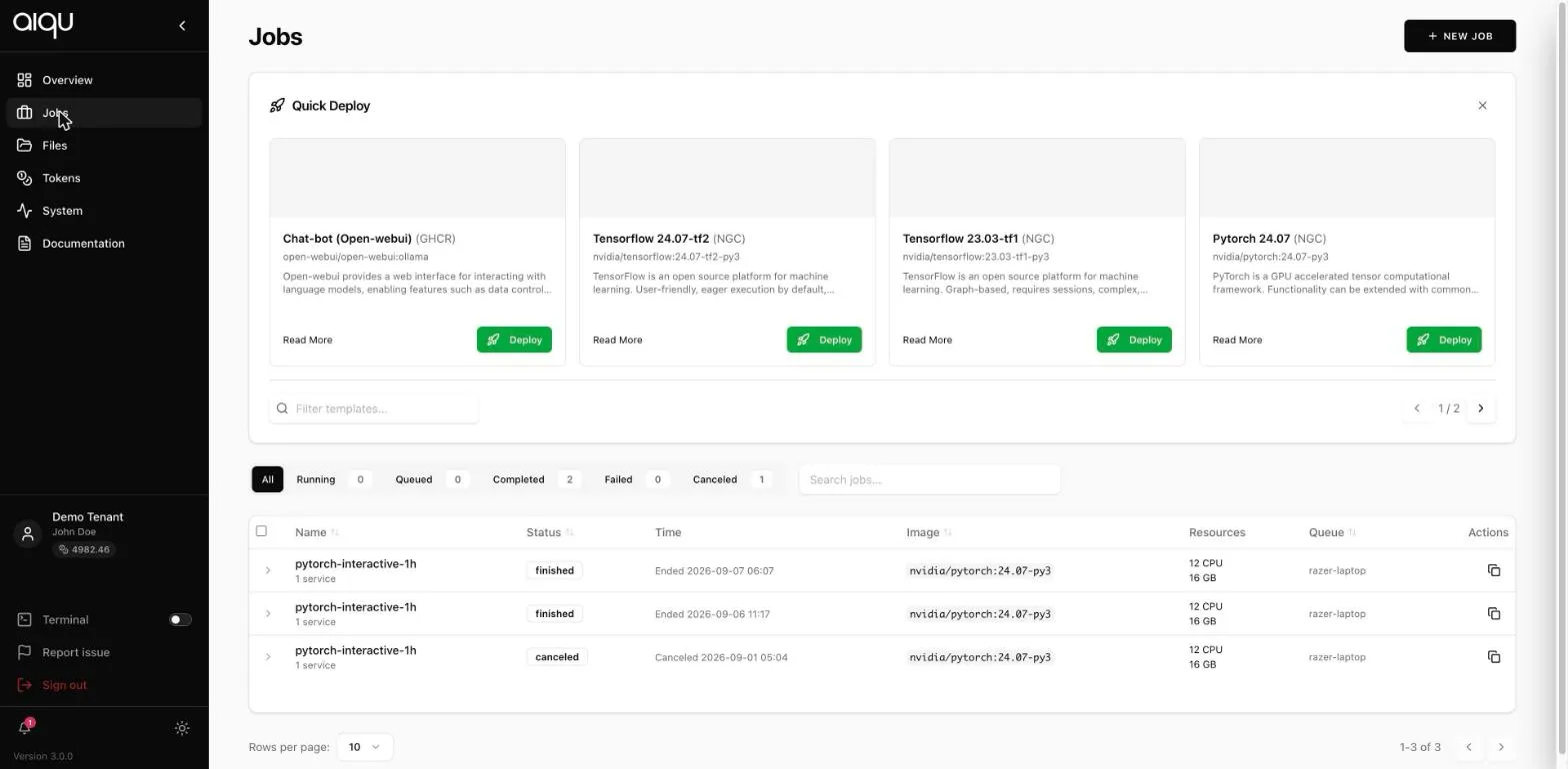 The Jobs page, showing Quick Deploy templates above a table of previous jobs.
