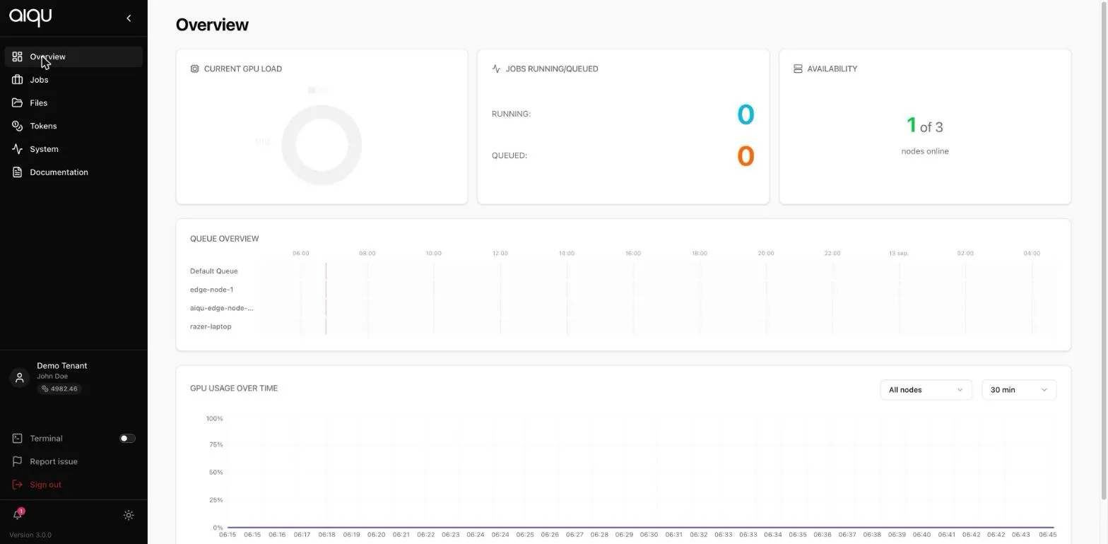 The Overview page with GPU load, running and queued job counts, node availability, a queue timeline and a GPU usage chart.