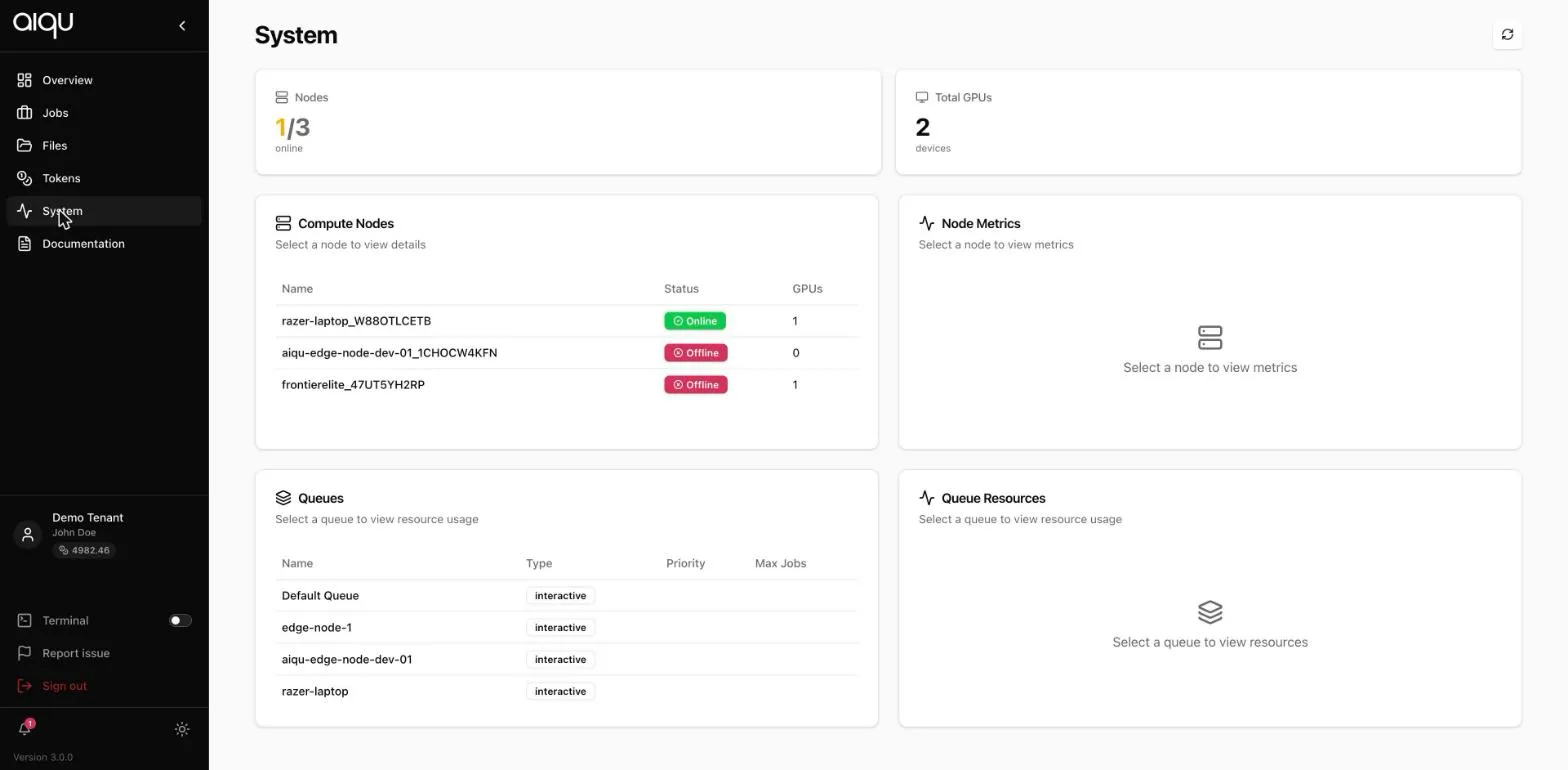 The System page listing compute nodes with online and offline status, total GPUs, and the available queues.