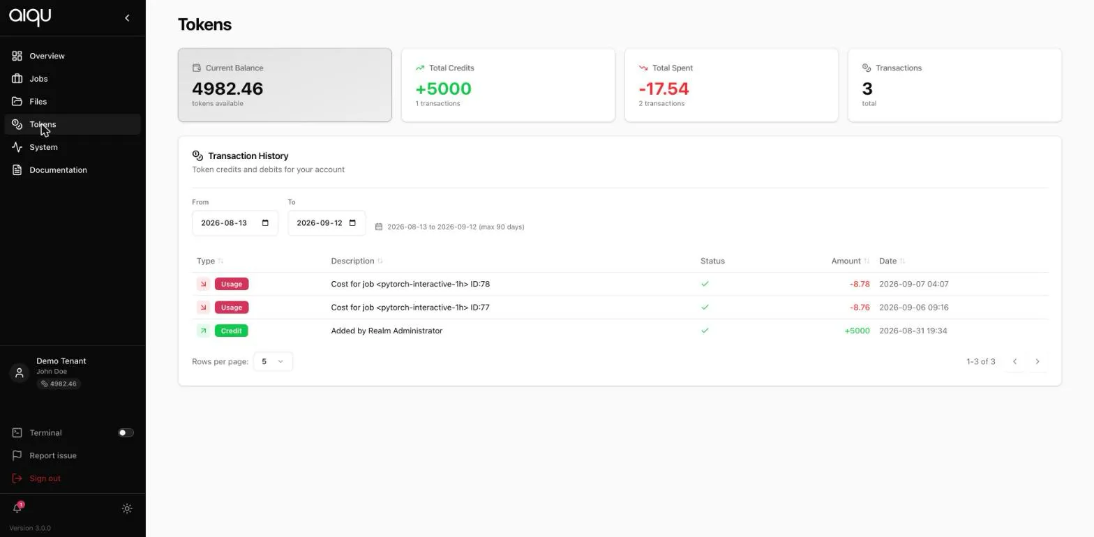 The Tokens page: current balance, total credits, total spent, and a transaction history table.